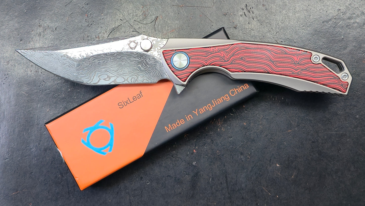 Sixleaf SL-60RP Titanium/G10 Handle RWL34+PMC27 Damascus Blade (NEW)