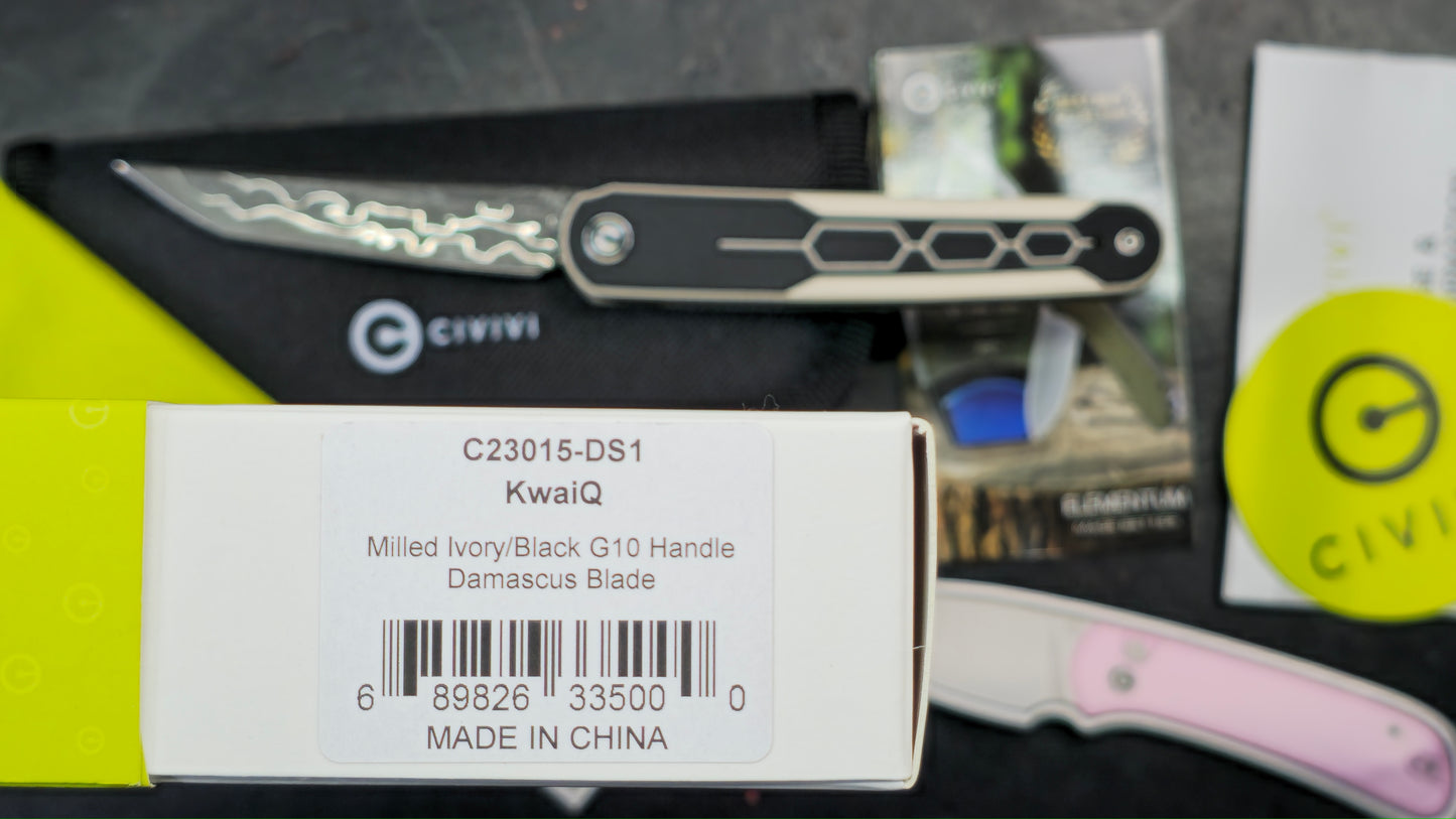 Civivi KwaiQ Ivory/Black G10 Handle Damascus Tanto (NEW)