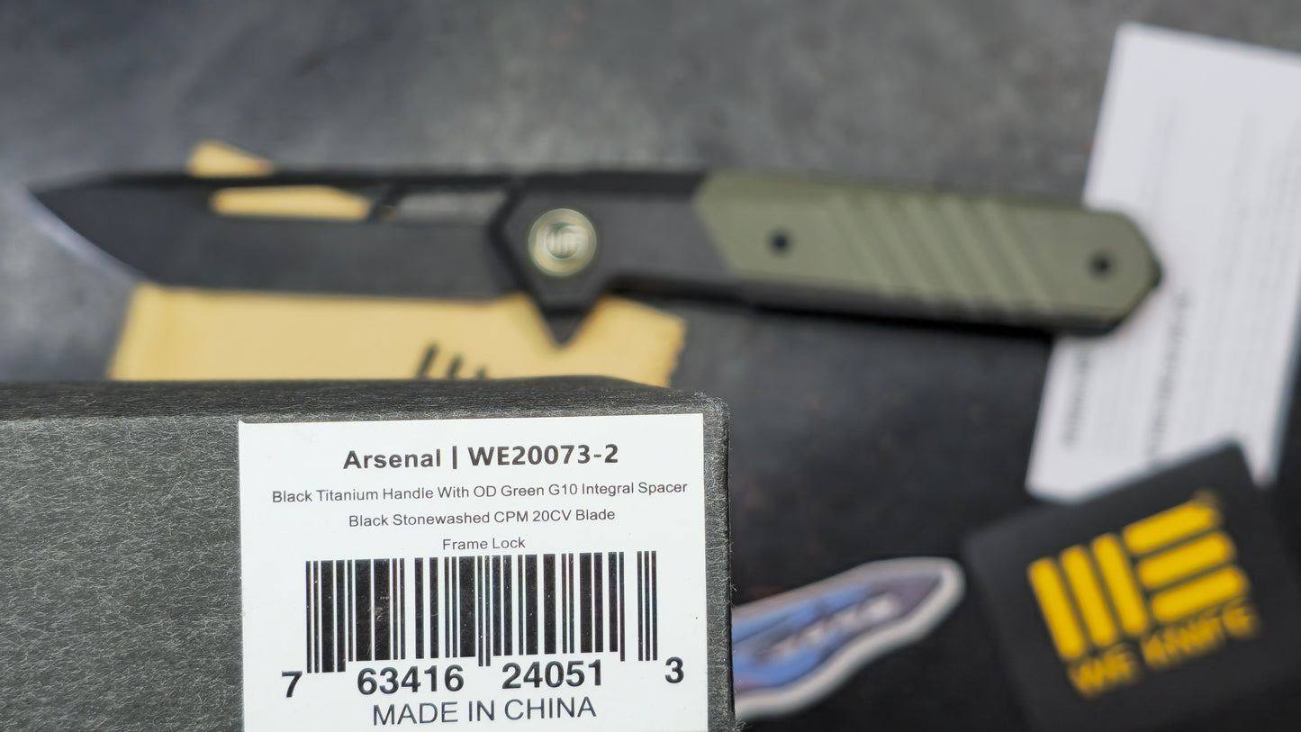 WeKnife Arsenal Titanium/Integral Green G10 3.56" CPM-20CV Black Stonewashed (NEW)