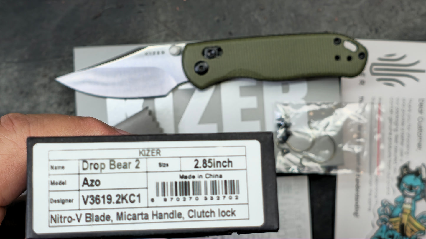 Kizer Drop Bear 2 Green Micarta Handle Nitro-V Clip Point (NEW)