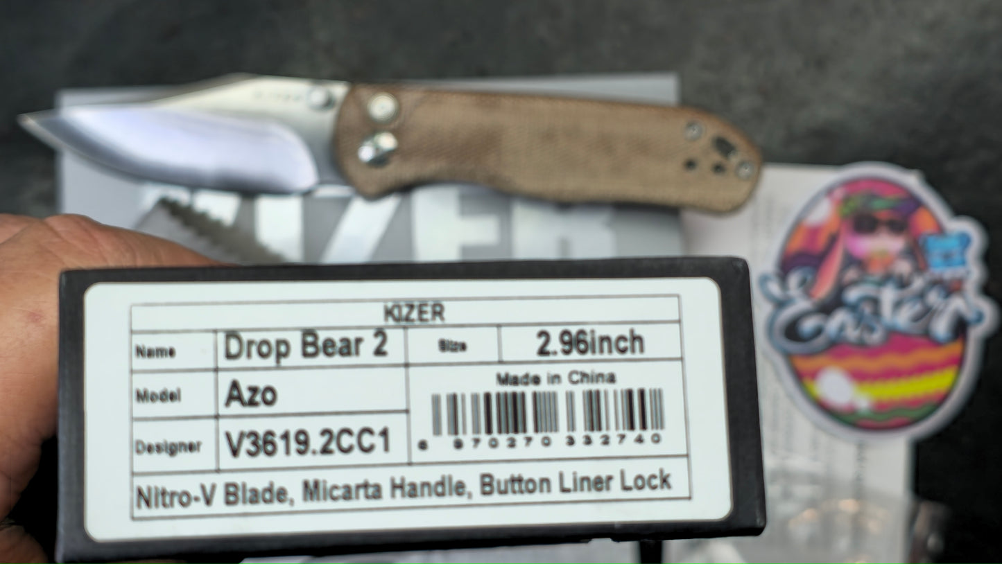 Kizer Drop Bear 2 Brown Micarta Handle Nitro-V Clip Point (NEW)