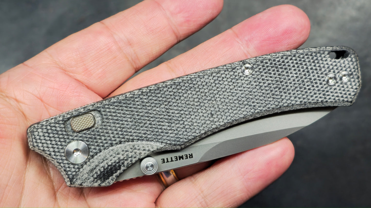 Remette WD107 Button Lock Micarta Handle 14C28N Blade, (NEW)