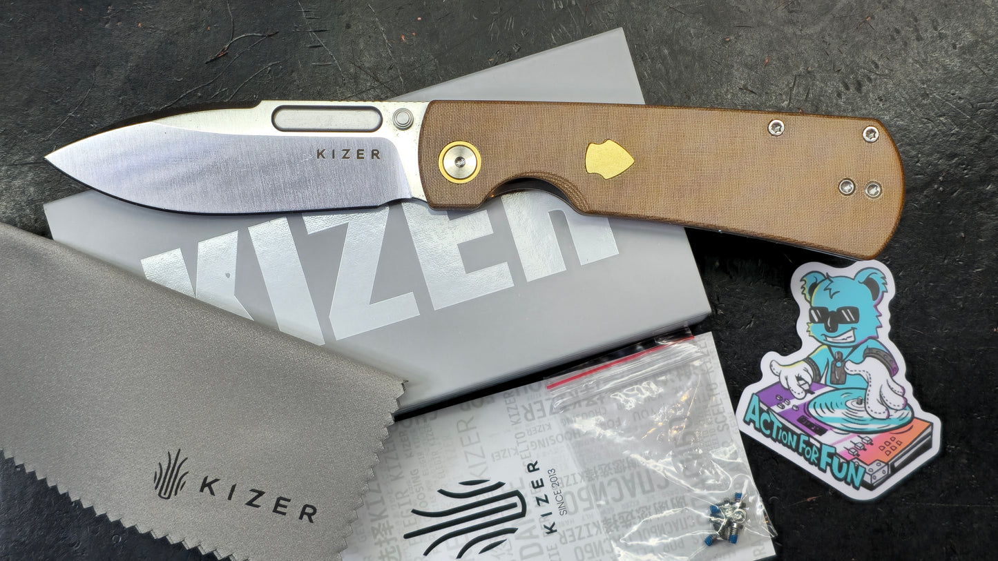 Kizer Retro Khaki Micarta/Brass Handle Nitro-V Drop Point (NEW)