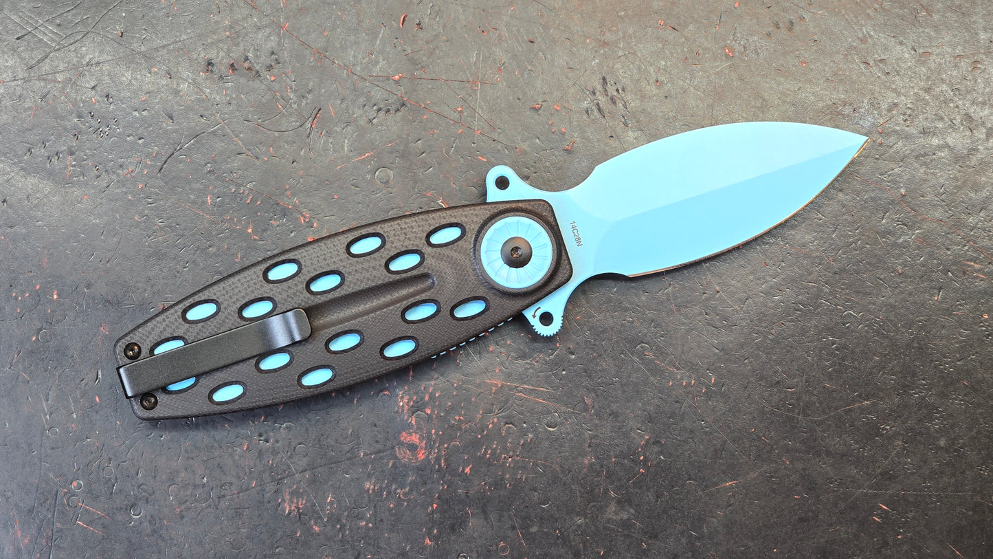 QSP Beetle Folding Knife Black G10/Blue Handle 14C28N (NEW)