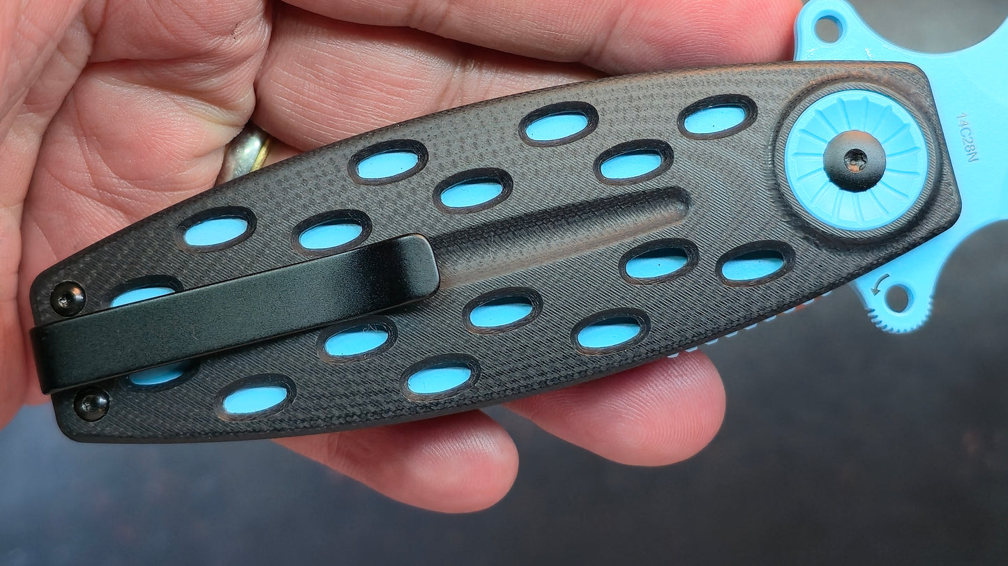 QSP Beetle Folding Knife Black G10/Blue Handle 14C28N (NEW)