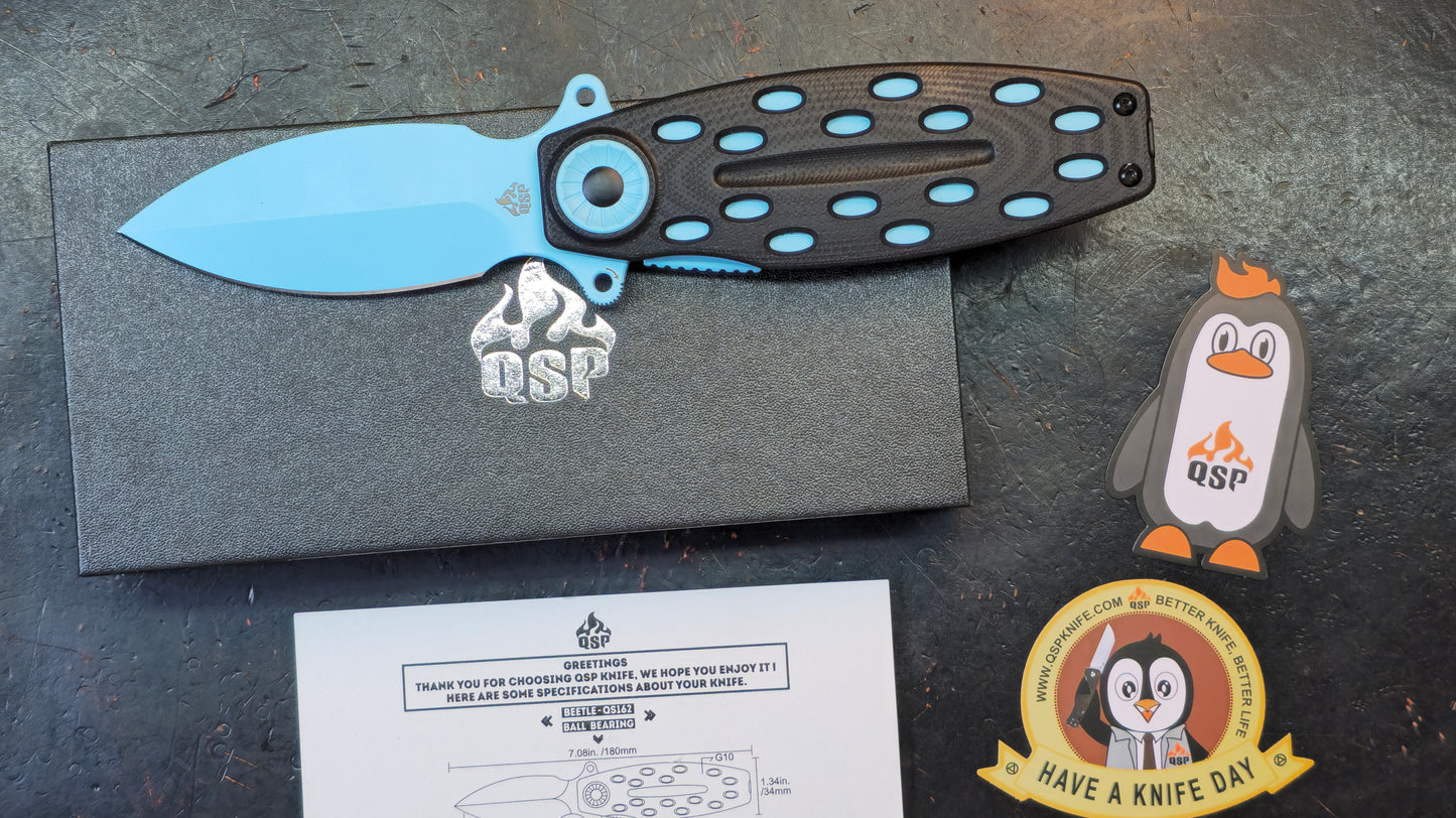 QSP Beetle Folding Knife Black G10/Blue Handle 14C28N (NEW)