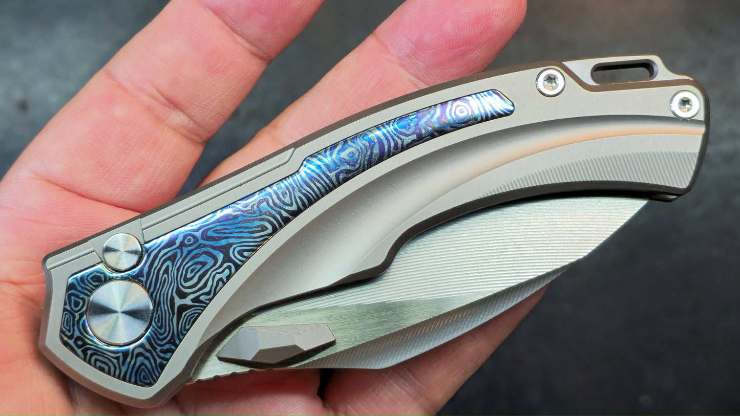 SixLeaf Folding Knife Blue Titanium Handle 14C28N