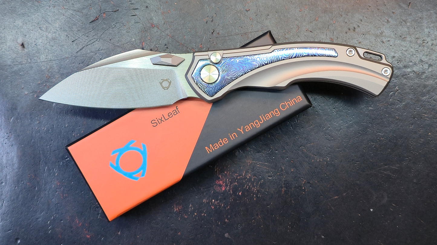 SixLeaf Folding Knife Blue Titanium Handle 14C28N