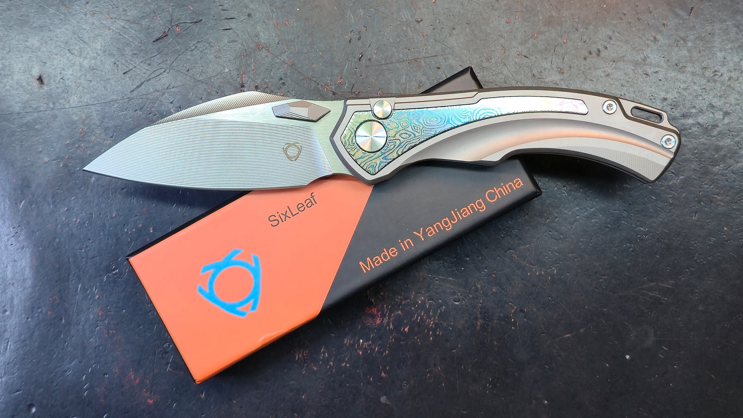 SixLeaf Folding Knife Yellow Titanium Handle 14C28N