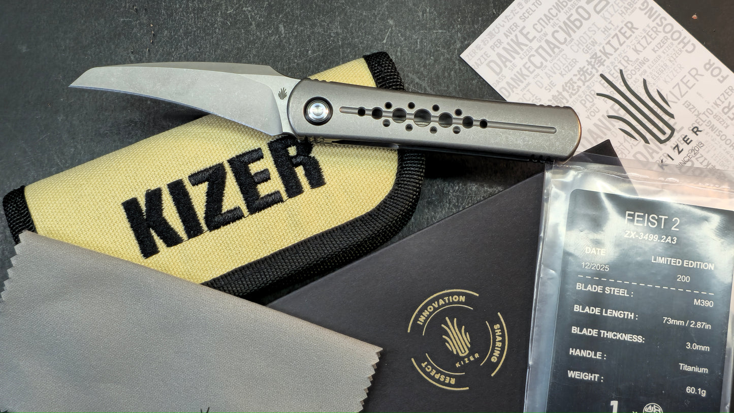 Kizer Feist 2 X Folding Knife Silver Titanium Handle M390 Hawkbill
