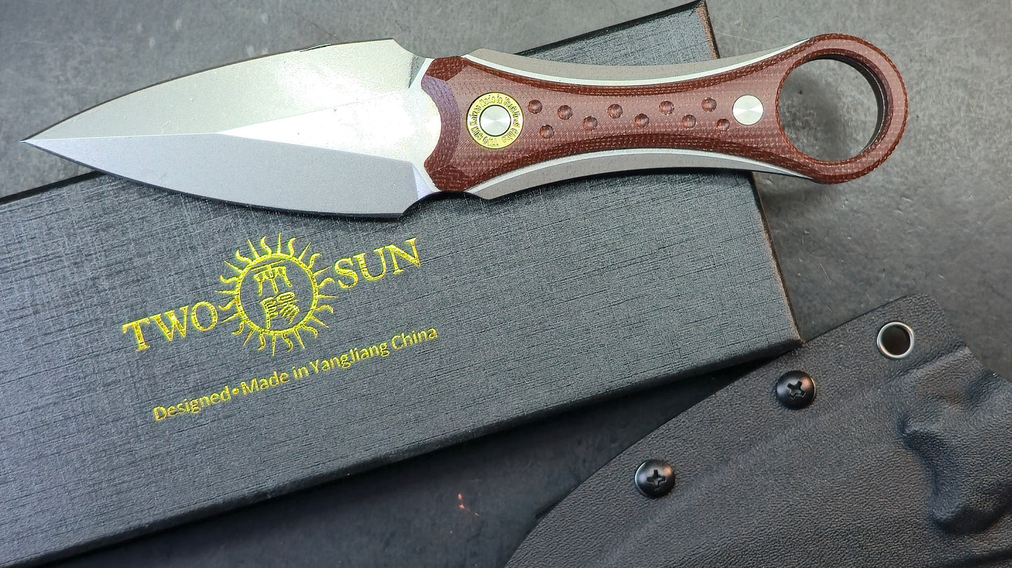 TwoSun TS610 Fixed Blade Knife Brown Micarta Handle Double Edge D2
