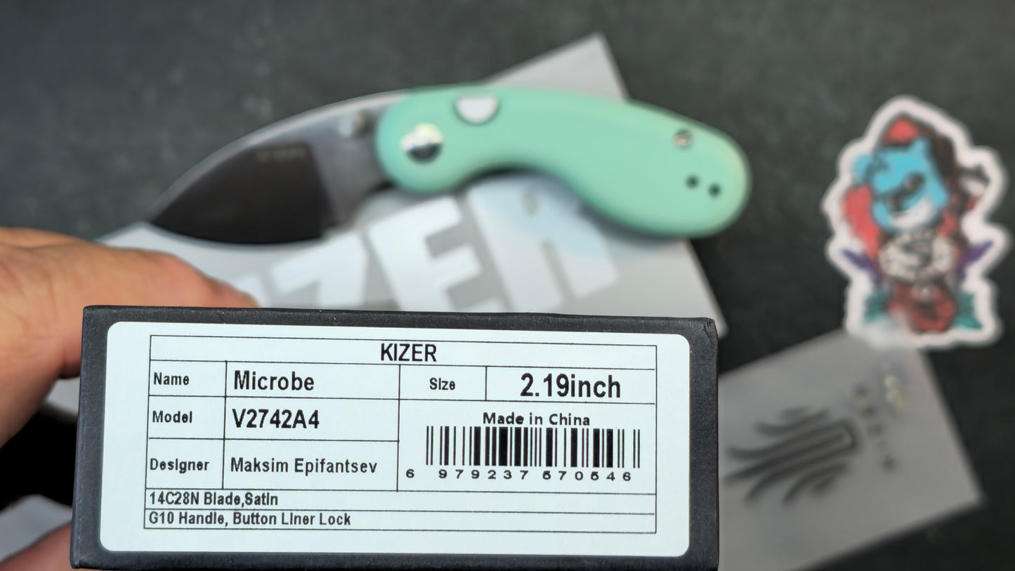 Kizer Microbe Folding Knife Green G10 Handle 14C28N