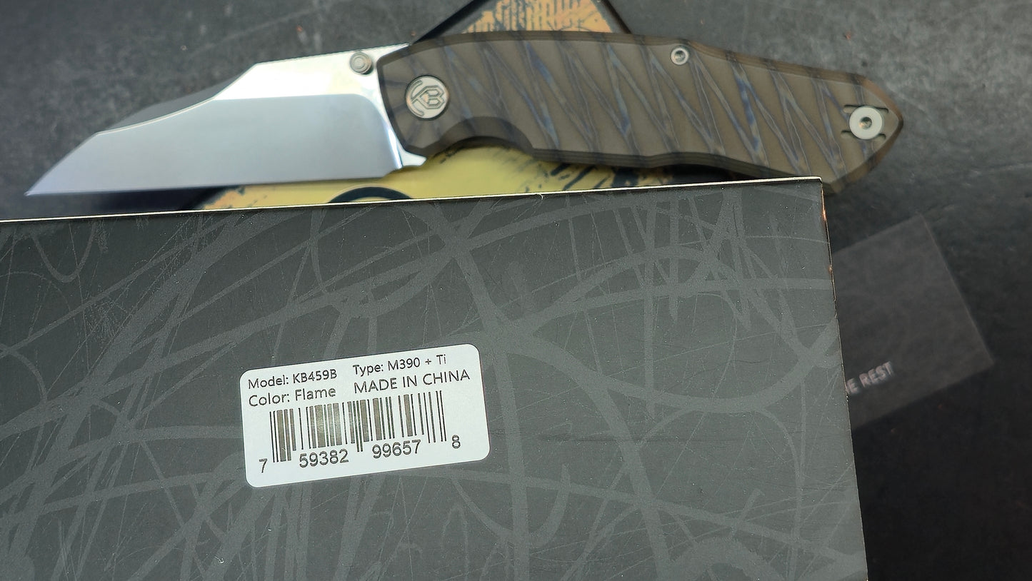 KB Mantra Folding Knife Flame Ano Titanium Handle M390