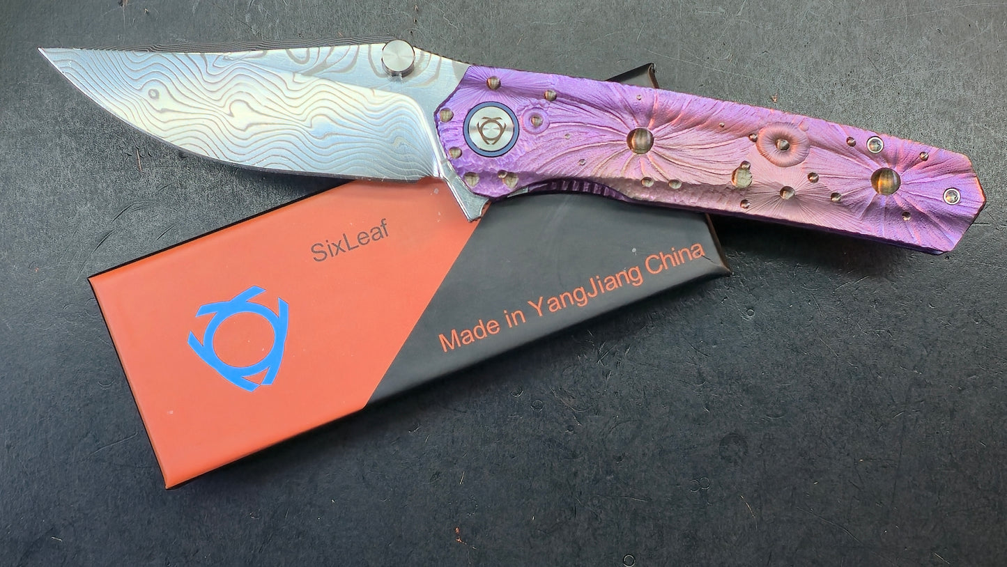 SixLeaf SL-95 Purple Titanium Handle Engrave RWL34+PMC27 Blade (SALE price in cart)