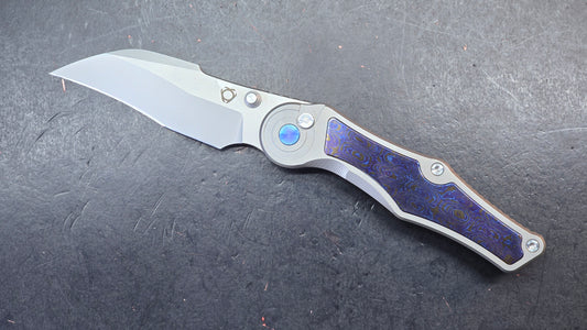 Sixleaf SL-99 Button Lock Blue Ano / TiDamascus 14C28N (SALE price in cart)