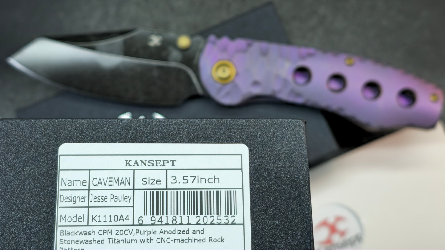 Kansept Caveman Purple Anodized and Stonewashed Titanium with CNC-machined Rock Pattern | 3.57" CPM 20CV Blade