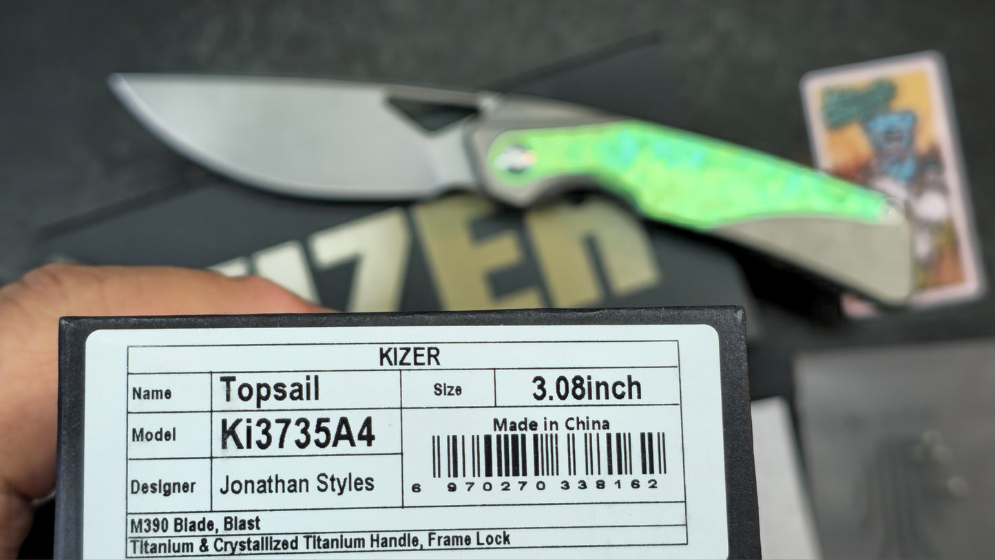 Kizer Topsail Green Titanium/Crystallized Titanium Handle M390