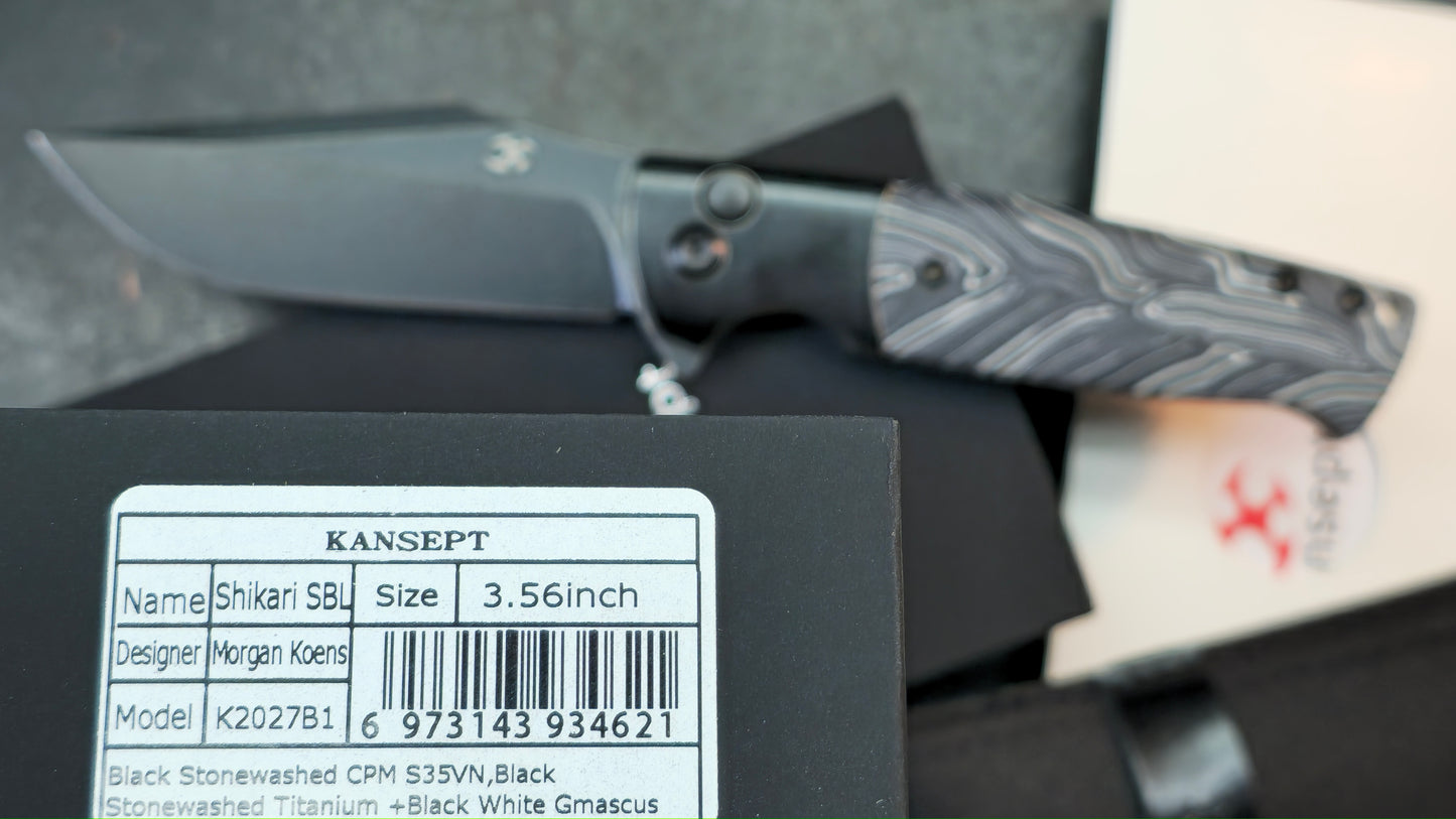 Kansept Shikari SBL Button Lock K2027B1 Stonewashed Titanium + Black White Gmascus CPM S35VN Black Stonewashed (DISCOUNT IN CART)