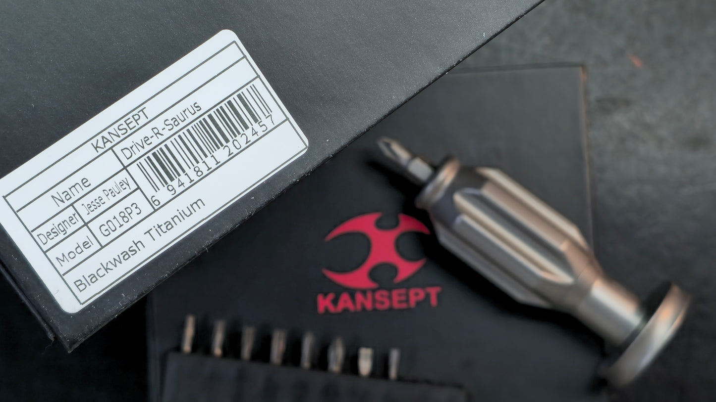 Kansept EDC Bit Driver Drive-R-Saurus G018P3 – Blackwash Titanium Palm Multitool with Spinner Top
