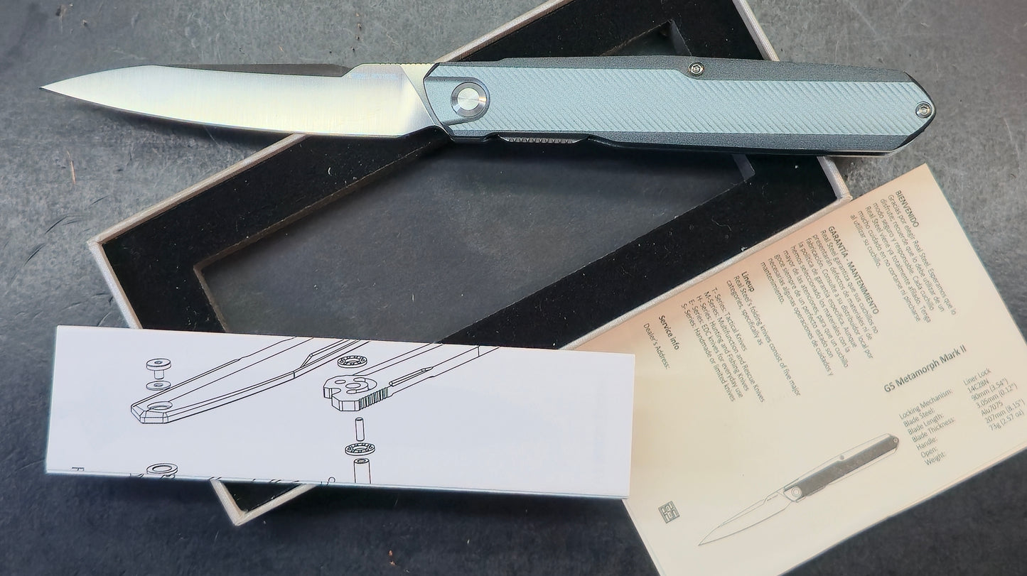 Real Steel G5 Metamorph Mk. II Green / Gray Textured Aluminum Handle 14C28N (NEW)