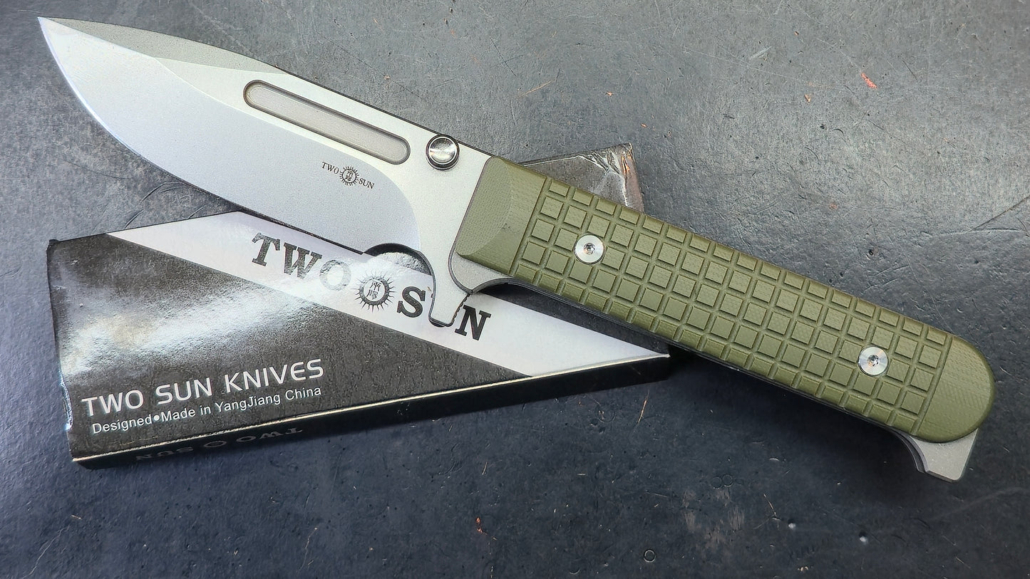 TwoSun TS394 OD Green G10/Titanium Handle D2 Plain Edge