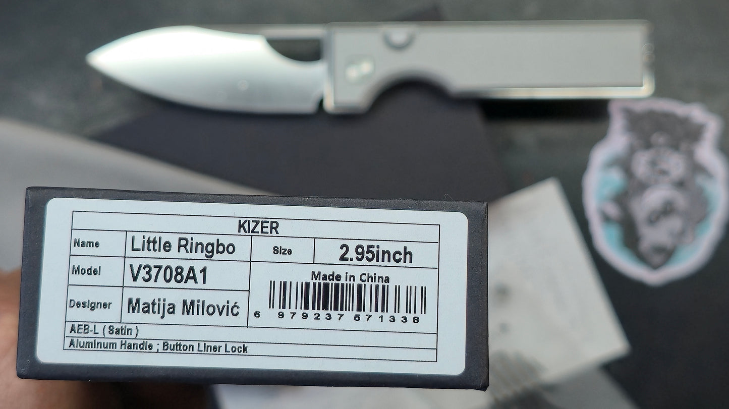 Kizer Little Ringbo Button Liner Lock Gray Aluminum Handle AEB-L