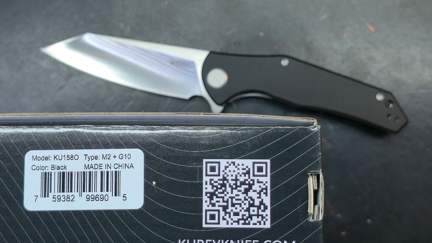 Kubey Flash Folding Knife Black G10 Handle San Mai M2 Reverse Tanto