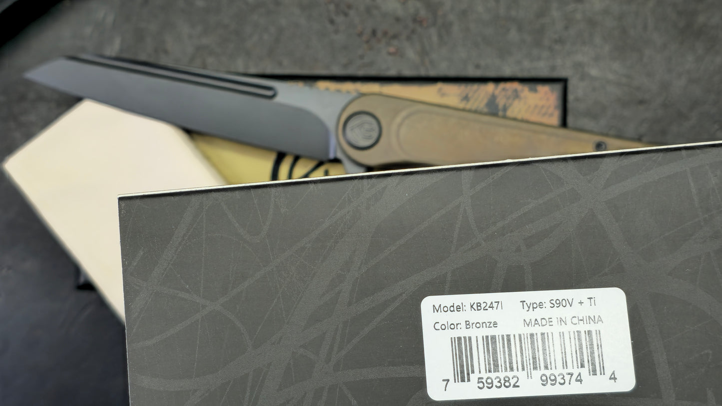 Kubey Dandy Bronze Ti Handle 3.94" Blackwash S90V Blade