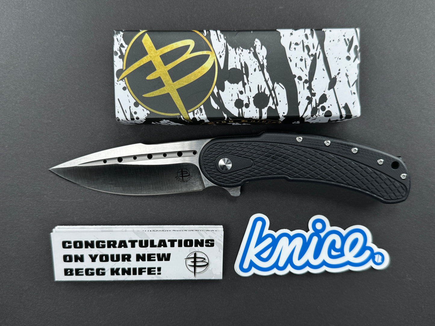 BEGG KNIVES Bodega Folding, Frame Lock , D2, Satin, Spear Point, Plain Edge, Hollow Grind, Handle: G10/Black, (NEW - OPEN BOX)