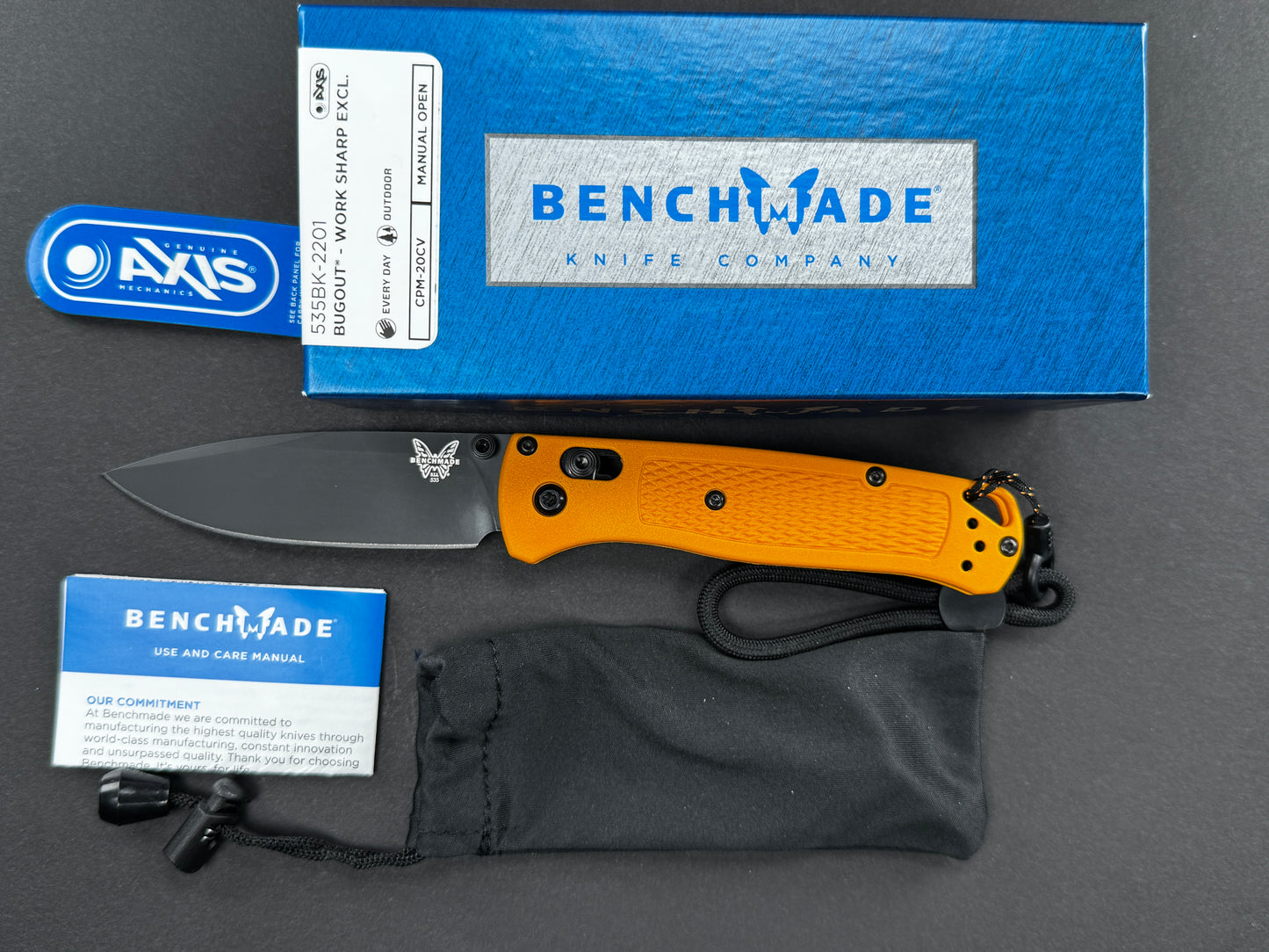 BENCHMADE Bugout Work Sharp (Work Sharp Exclusive Bugout), Folding, AXIS Lock , 20CV, Black Cerakote, Drop Point, Plain Edge, Flat Grind, Handle: Grivory/Amber, (NEW - OPEN BOX)