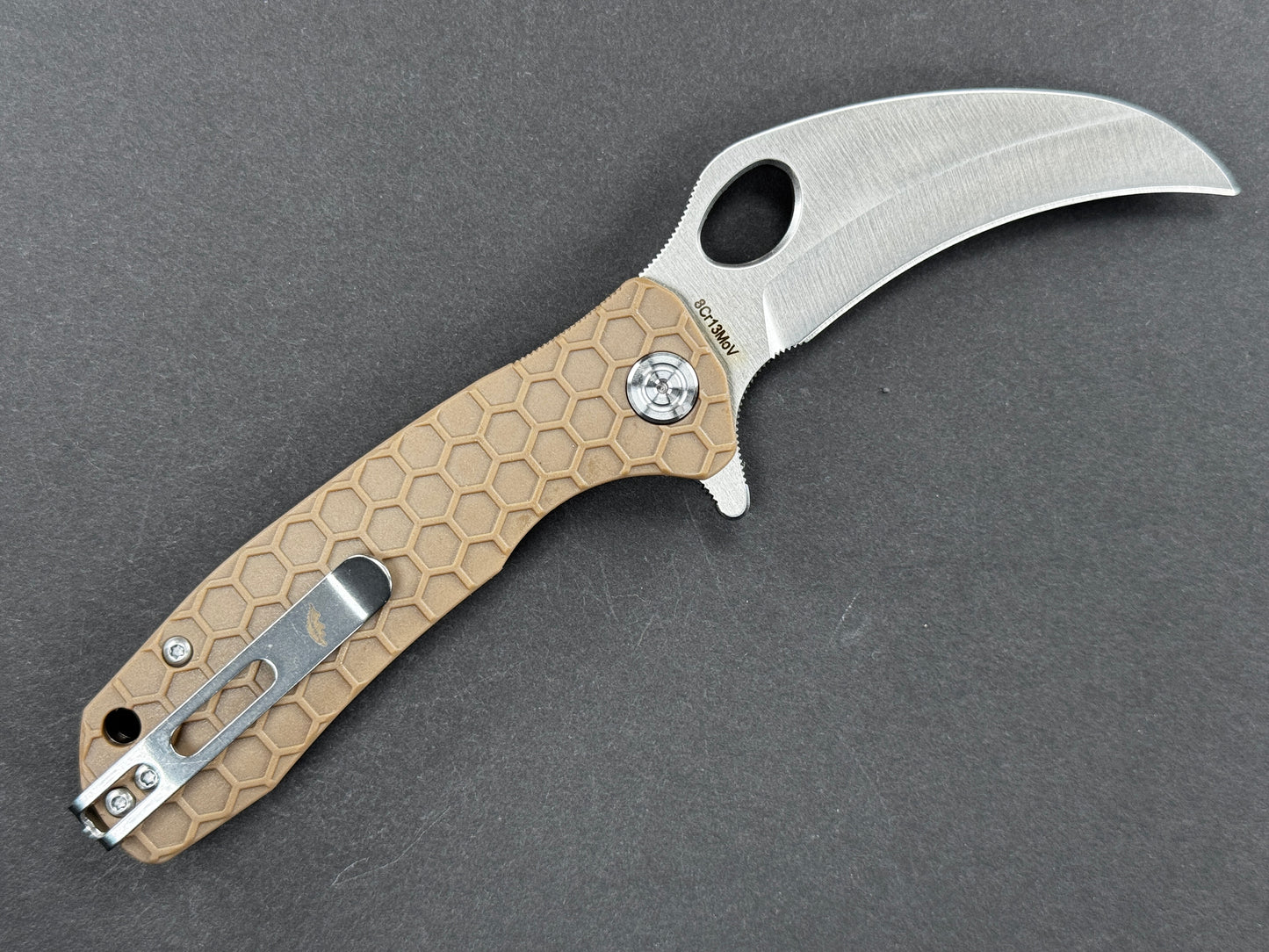 HONEY BADGER Claw Medium (HB1122), Folding, Liner Lock , 8Cr13MoV, Satin, Hawksbill, Plain Edge, Flat Grind, Handle: FRN/Tan, (NEW - OPEN BOX)