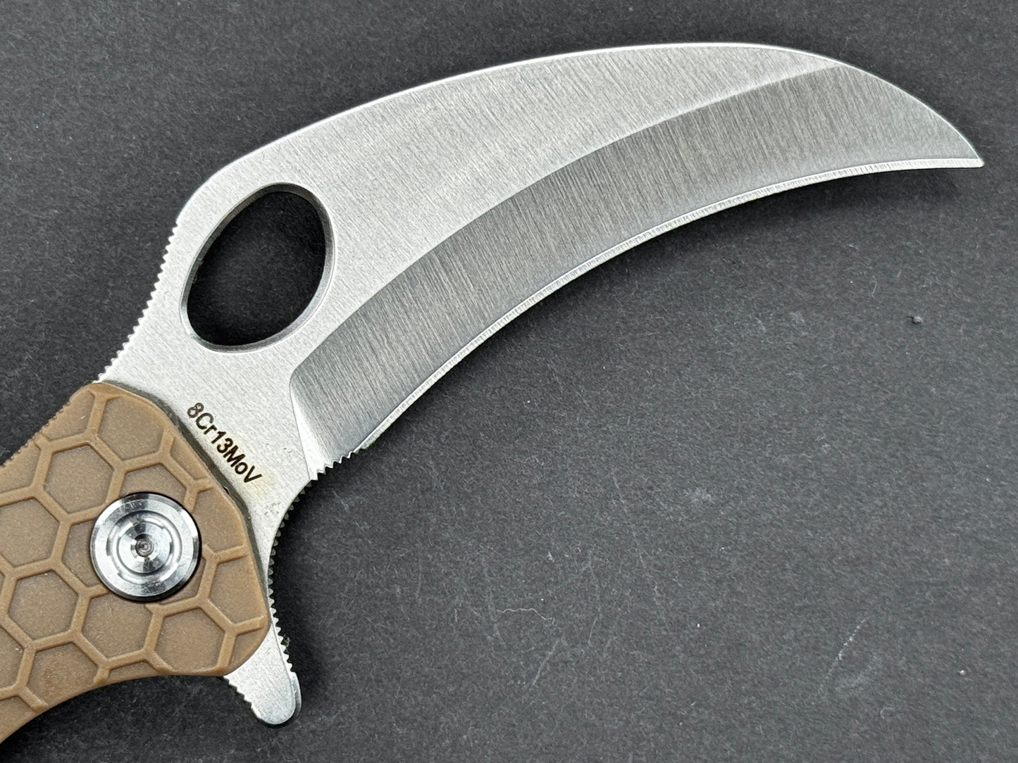 HONEY BADGER Claw Medium (HB1122), Folding, Liner Lock , 8Cr13MoV, Satin, Hawksbill, Plain Edge, Flat Grind, Handle: FRN/Tan, (NEW - OPEN BOX)