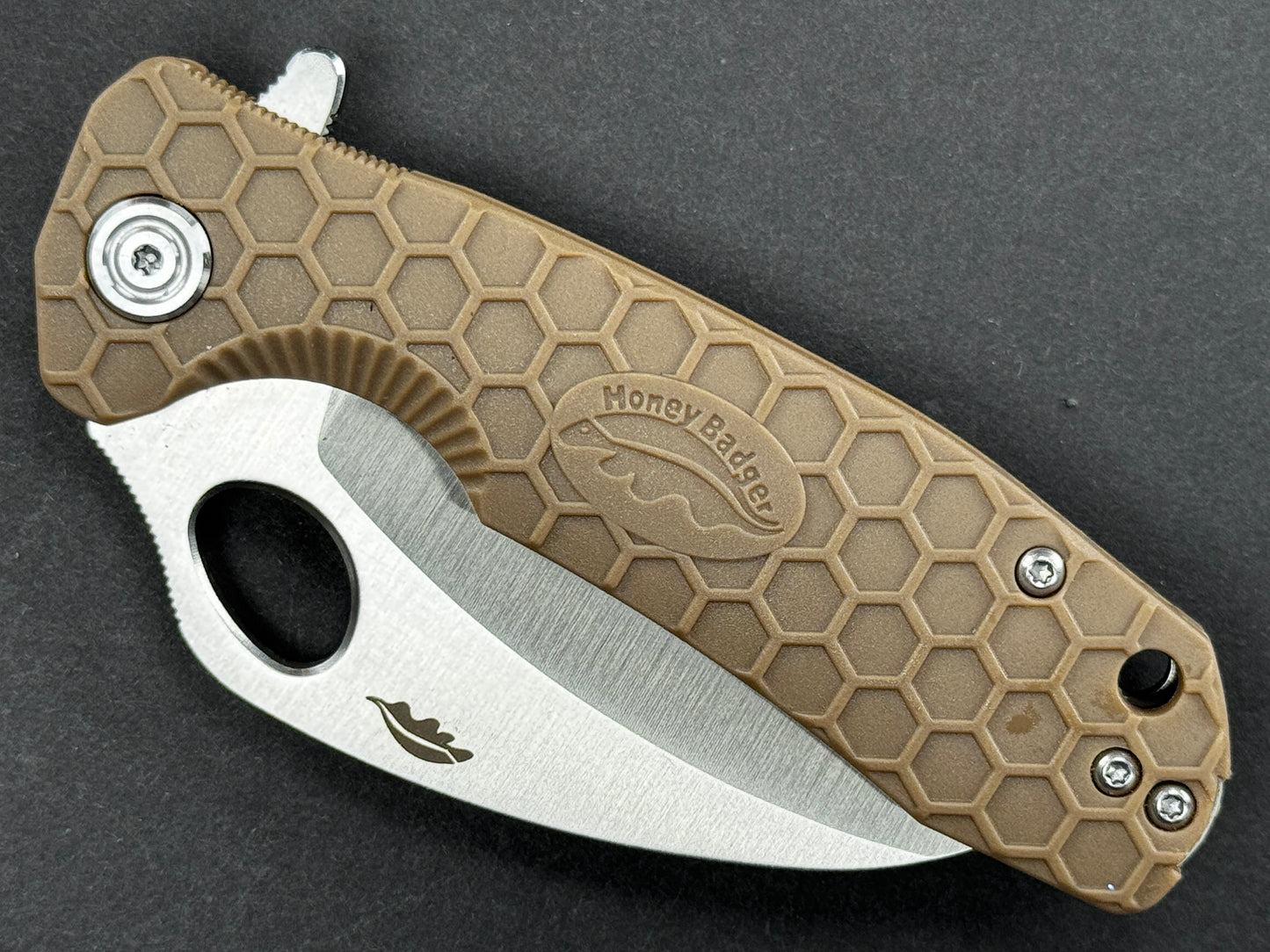 HONEY BADGER Claw Medium (HB1122), Folding, Liner Lock , 8Cr13MoV, Satin, Hawksbill, Plain Edge, Flat Grind, Handle: FRN/Tan, (NEW - OPEN BOX)