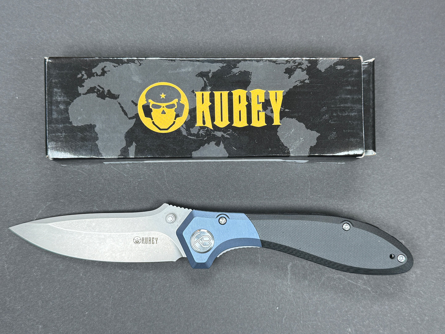 KUBEY Ruckus (KU314A) Folding, Liner Lock , AUS10, Stonewash, Drop Point, Plain Edge, Flat Grind, Handle: Titanium/ G10/Black/ Blue, (NEW - OPEN BOX)