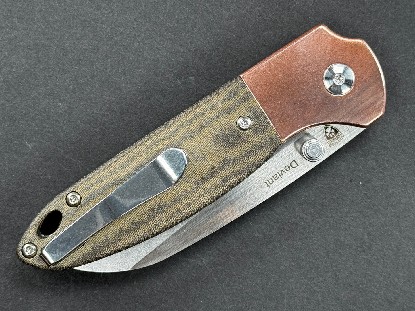 KIZER Deviant (V3575A1), Folding, Liner Lock , M390, Stonewash, Sheepsfoot, Plain Edge, Flat Grind, Handle: Copper/ Micarta/Copper/ Green, (NEW - OPEN BOX)