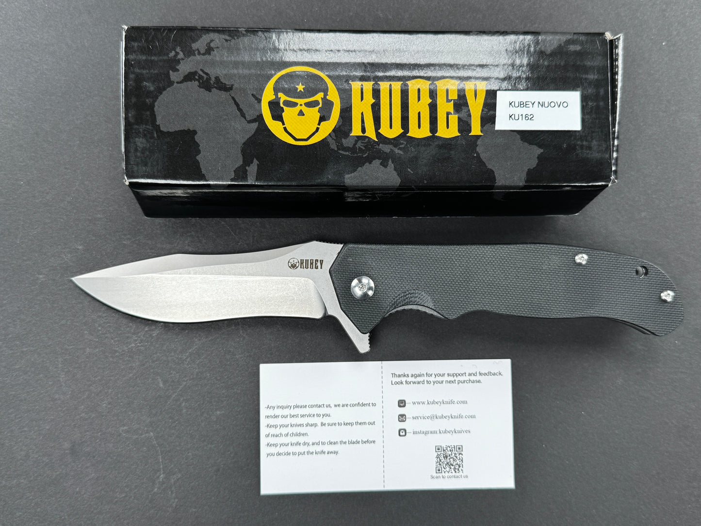 KUBEY Nuovo (KU162) Folding, Liner Lock , D2, Stonewash, Drop Point, Plain Edge, Flat Grind, Handle: G10/Black, (NEW - OPEN BOX)