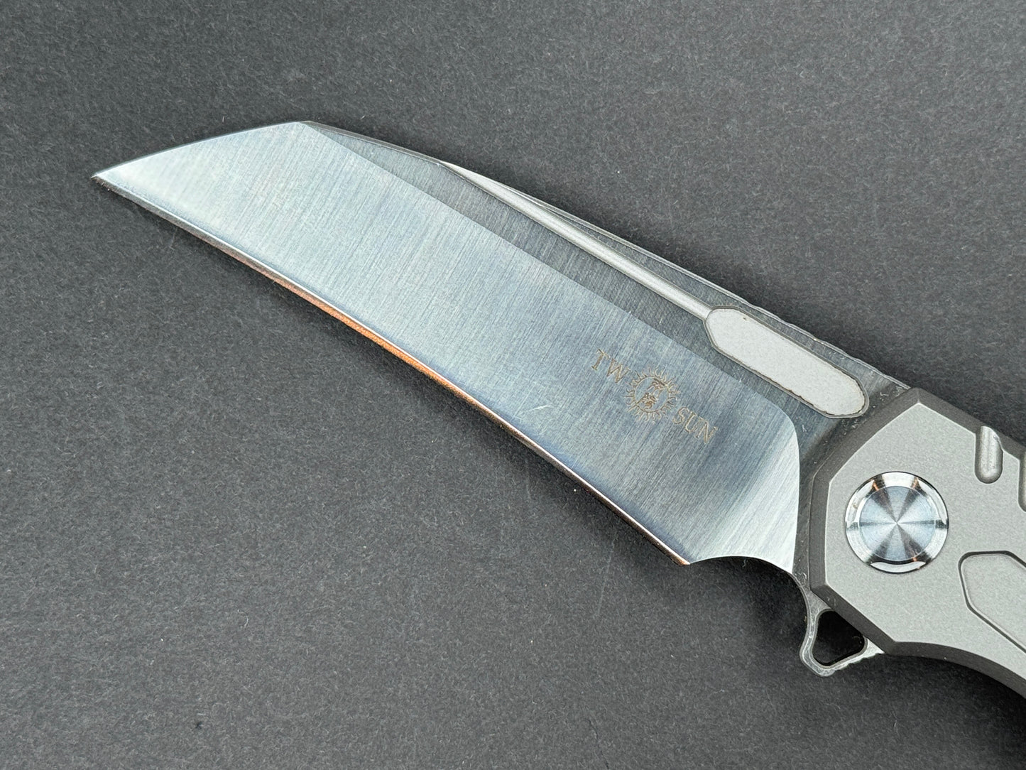 TWOSUN TS48 Folder, Frame Lock, D2, Satin, Hawkbill, Plain Edge, Full Grind, Handle: Titanium/Gray, (NEW - OPEN BOX)