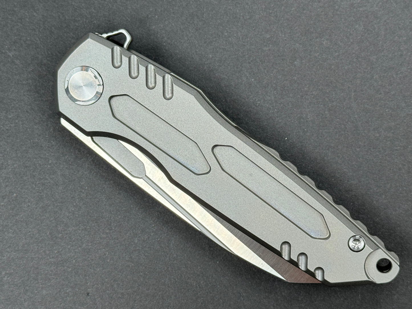 TWOSUN TS48 Folder, Frame Lock, D2, Satin, Hawkbill, Plain Edge, Full Grind, Handle: Titanium/Gray, (NEW - OPEN BOX)