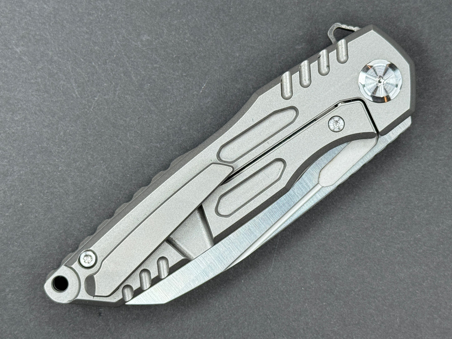 TWOSUN TS48 Folder, Frame Lock, D2, Satin, Hawkbill, Plain Edge, Full Grind, Handle: Titanium/Gray, (NEW - OPEN BOX)