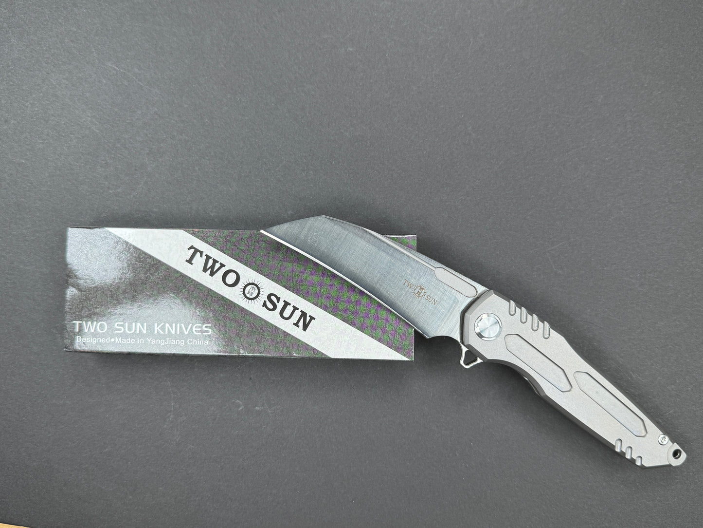 TWOSUN TS48 Folder, Frame Lock, D2, Satin, Hawkbill, Plain Edge, Full Grind, Handle: Titanium/Gray, (NEW - OPEN BOX)