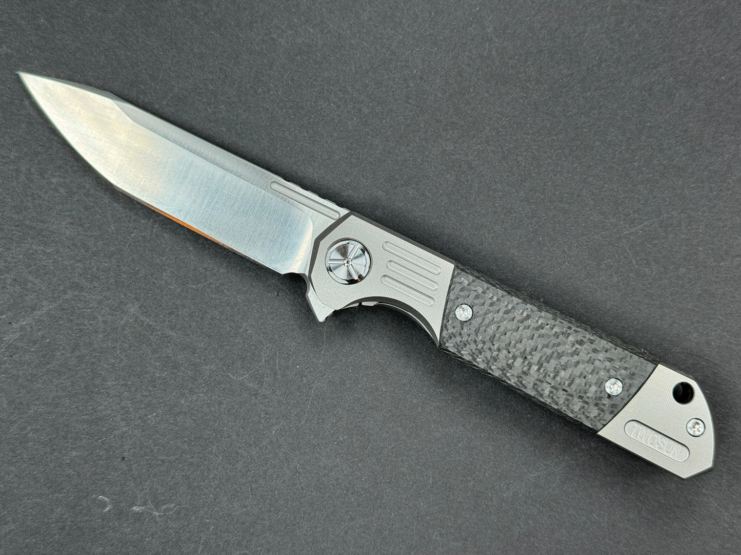 TWOSUN TS49 Folding, Frame Lock, D2, Satin, Clip Point, Plain Edge, Flat Grind, Handle: Titanium/ Carbon Fiber/Gray/ Black, (NEW - OPEN BOX)