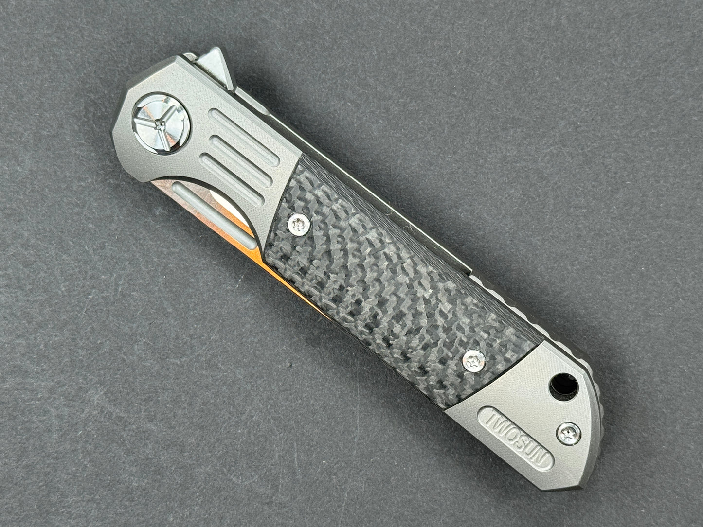 TWOSUN TS49 Folding, Frame Lock, D2, Satin, Clip Point, Plain Edge, Flat Grind, Handle: Titanium/ Carbon Fiber/Gray/ Black, (NEW - OPEN BOX)