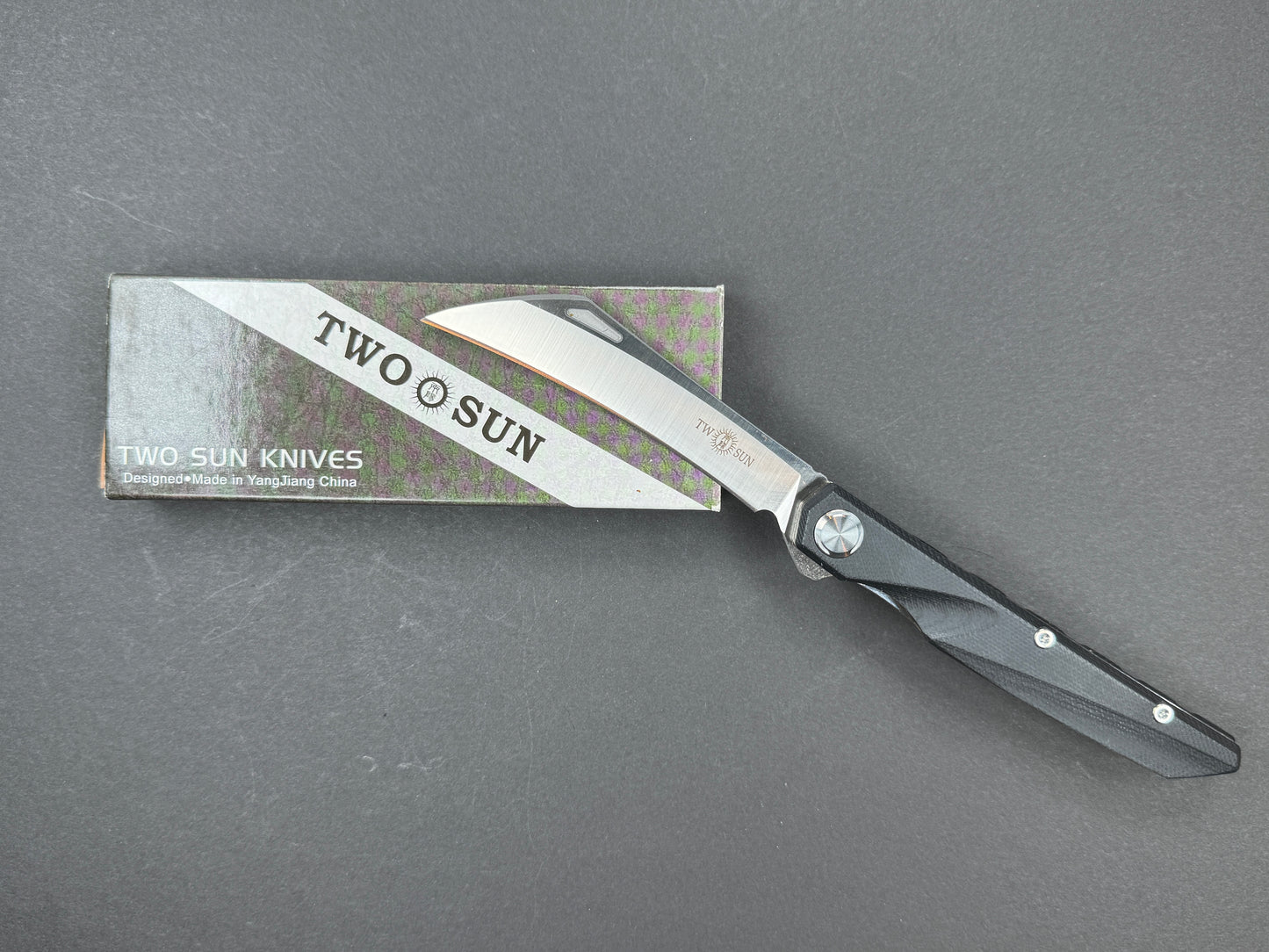 TWOSUN TS74 Folding, Liner Lock, D2, Satin, Hawkbill, Plain Edge, Full Grind, Handle: G10/Black, (NEW - OPEN BOX)
