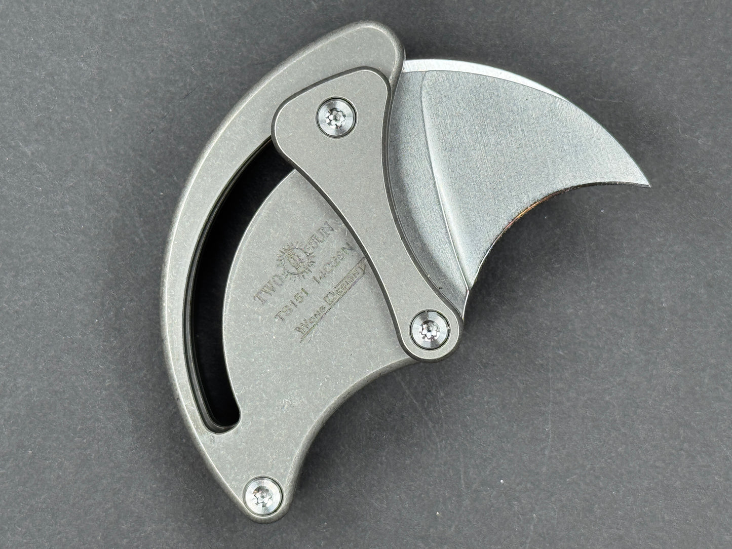 TWOSUN TS151 Folding, Button Lock, 14C28N, Satin, Hawkbill, Plain Edge, High Flat Grind, Handle: Titanium/Gray, (NEW - OPEN BOX)