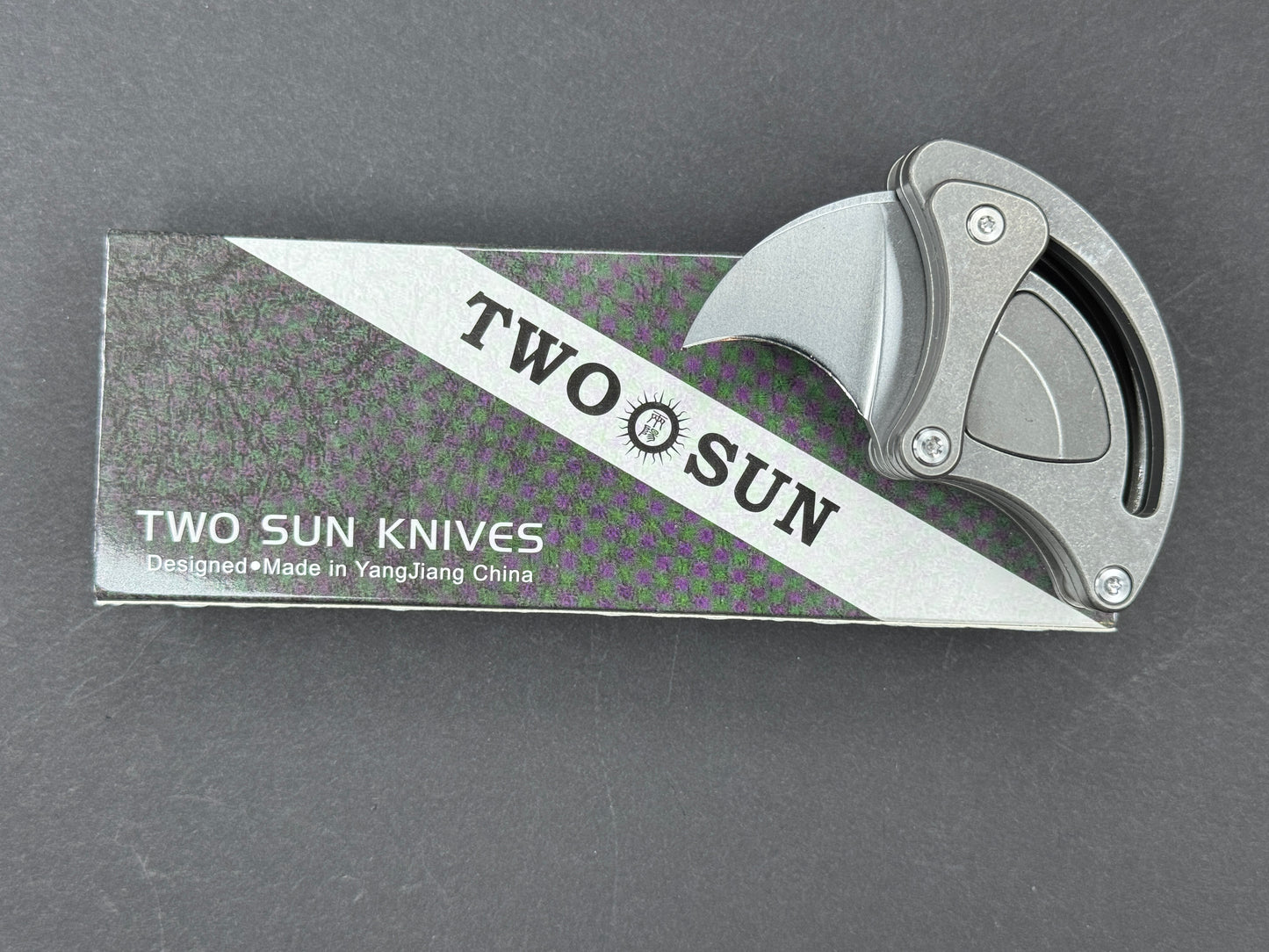 TWOSUN TS151 Folding, Button Lock, 14C28N, Satin, Hawkbill, Plain Edge, High Flat Grind, Handle: Titanium/Gray, (NEW - OPEN BOX)