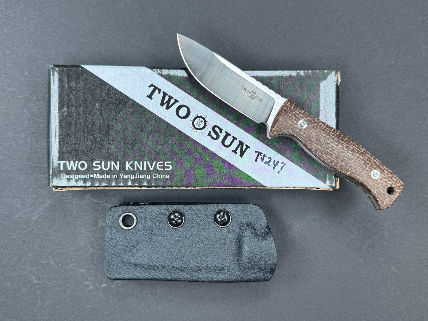 TWOSUN TS247 Fixed Blade, M390, Satin, Clip Point, Plain Edge, Full Grind, Handle: Micarta/Brown, (NEW - OPEN BOX)