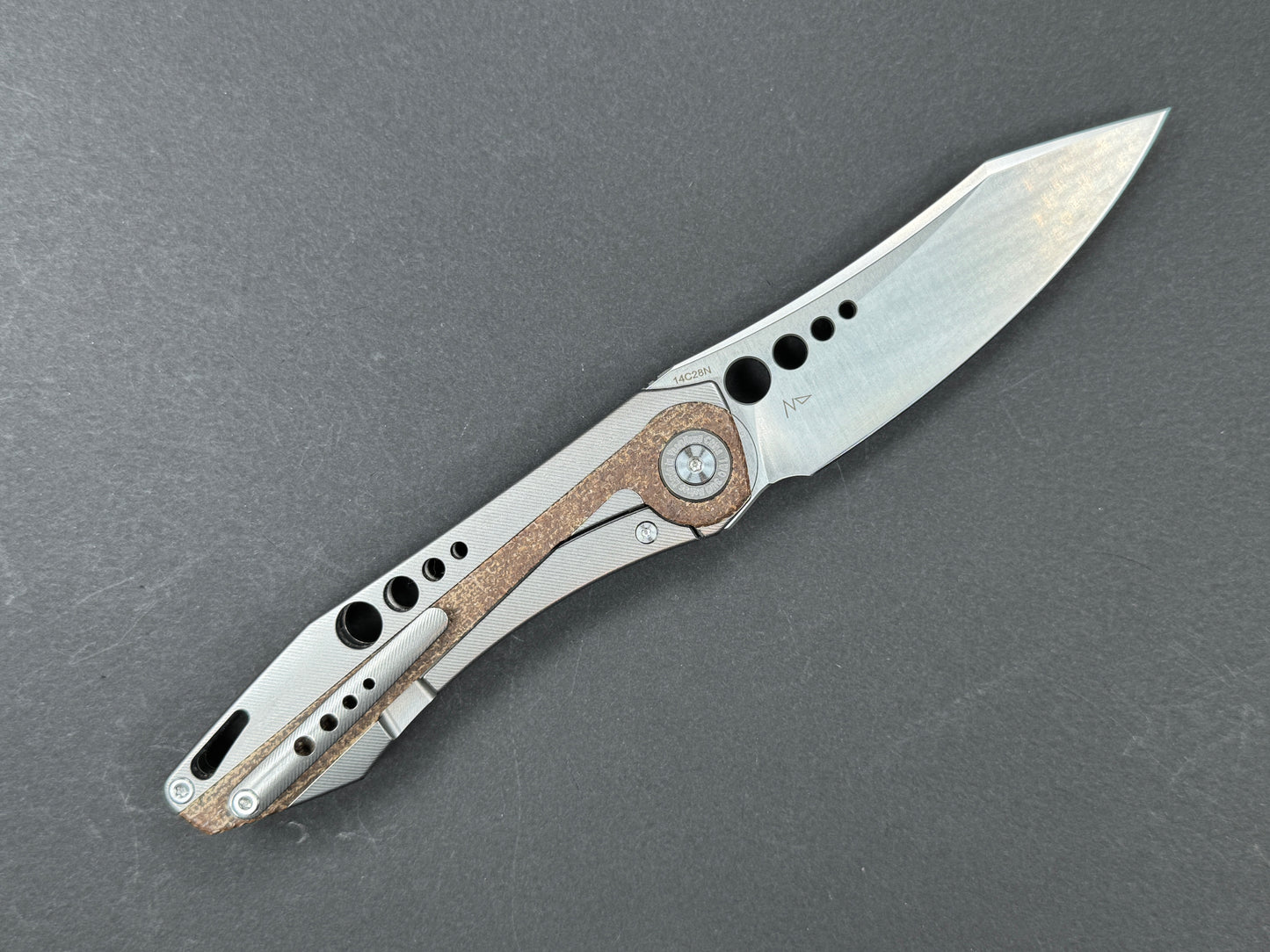 TWOSUN TS263 Folding, Frame Lock, 14C28N, Satin, Clip Point, Plain Edge, Full Grind, Handle: Titanium/ Micarta/Gray/ Brown, (NEW - OPEN BOX)