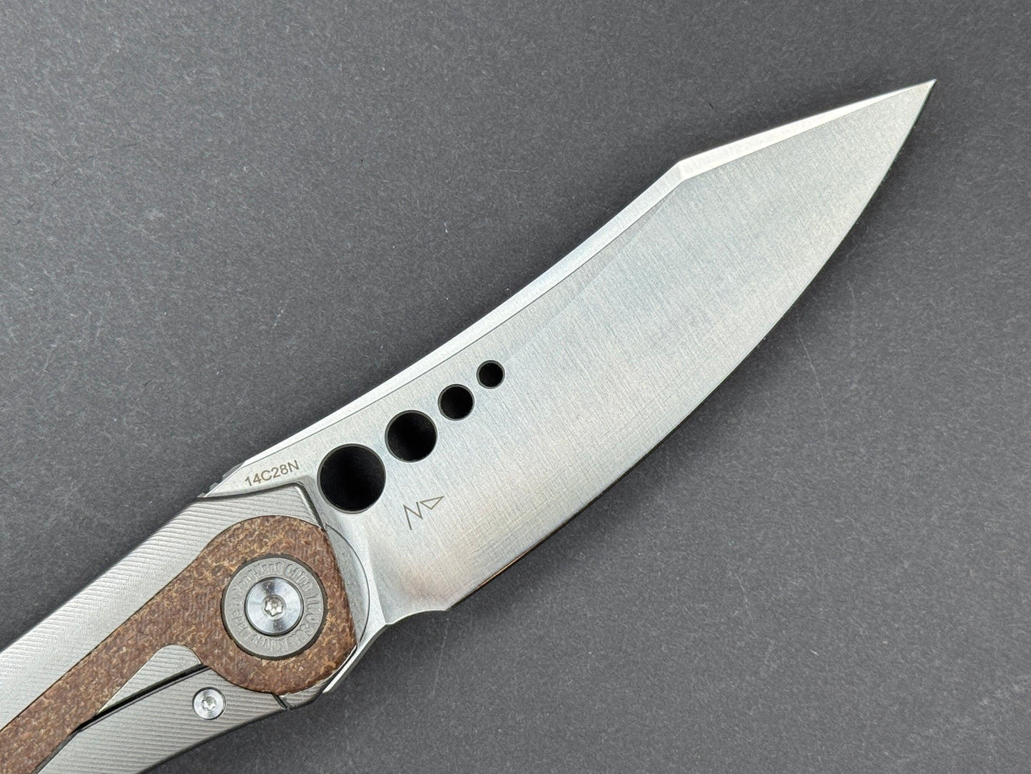 TWOSUN TS263 Folding, Frame Lock, 14C28N, Satin, Clip Point, Plain Edge, Full Grind, Handle: Titanium/ Micarta/Gray/ Brown, (NEW - OPEN BOX)