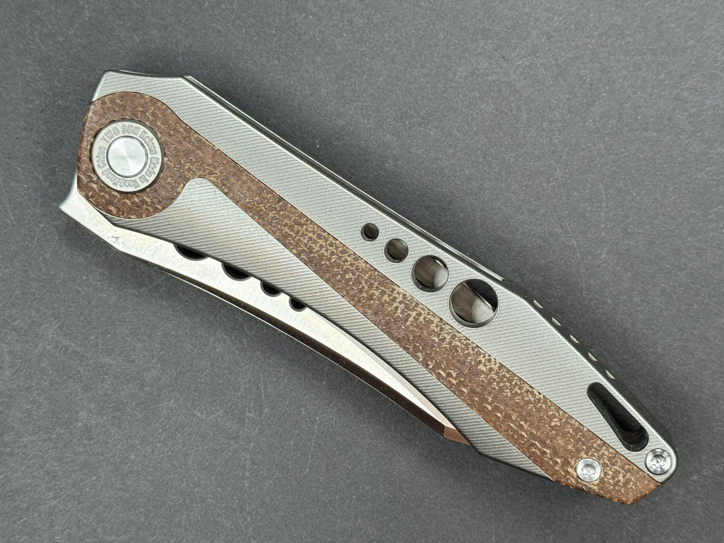 TWOSUN TS263 Folding, Frame Lock, 14C28N, Satin, Clip Point, Plain Edge, Full Grind, Handle: Titanium/ Micarta/Gray/ Brown, (NEW - OPEN BOX)