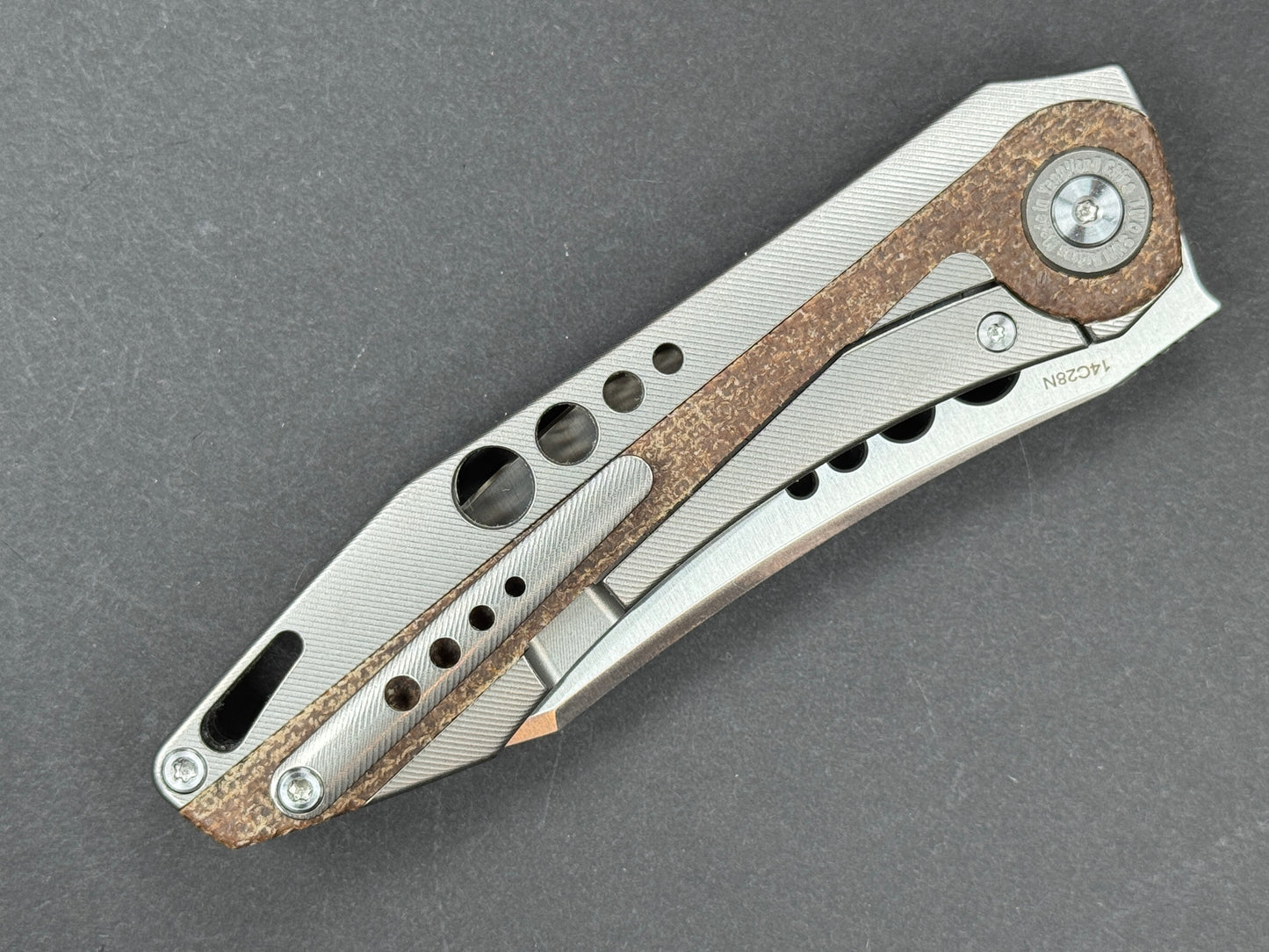 TWOSUN TS263 Folding, Frame Lock, 14C28N, Satin, Clip Point, Plain Edge, Full Grind, Handle: Titanium/ Micarta/Gray/ Brown, (NEW - OPEN BOX)